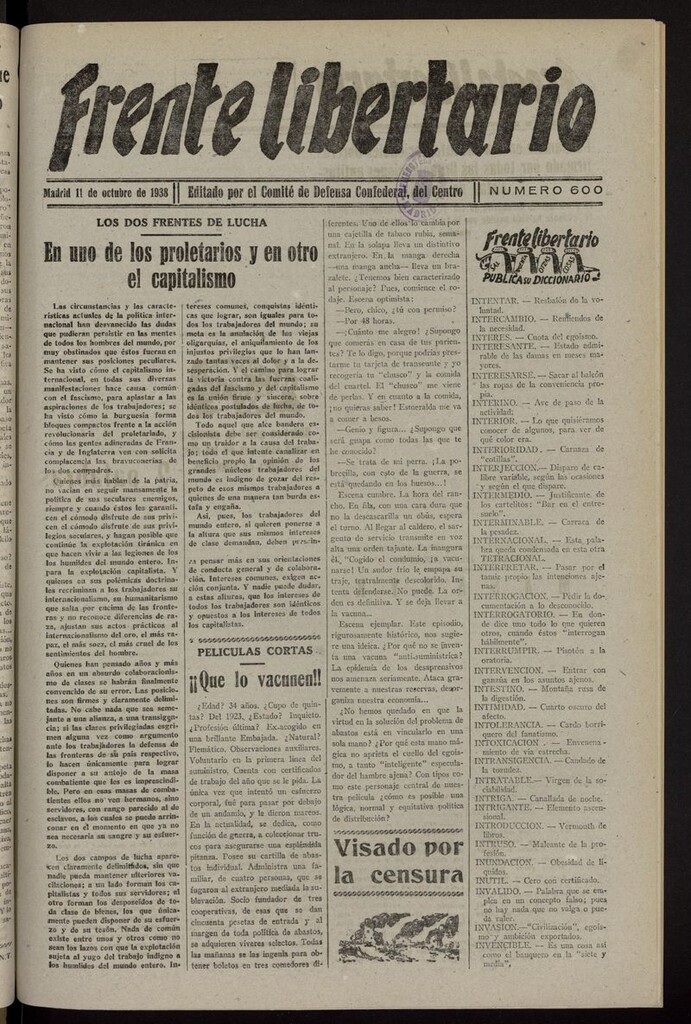 Miniatura de Frente Libertario: Órgano de las Milicias Confederales del 11 de octubre de 1938