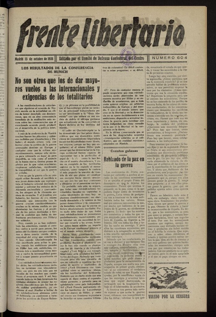 Miniatura de Frente Libertario: Órgano de las Milicias Confederales del 15 de octubre de 1938