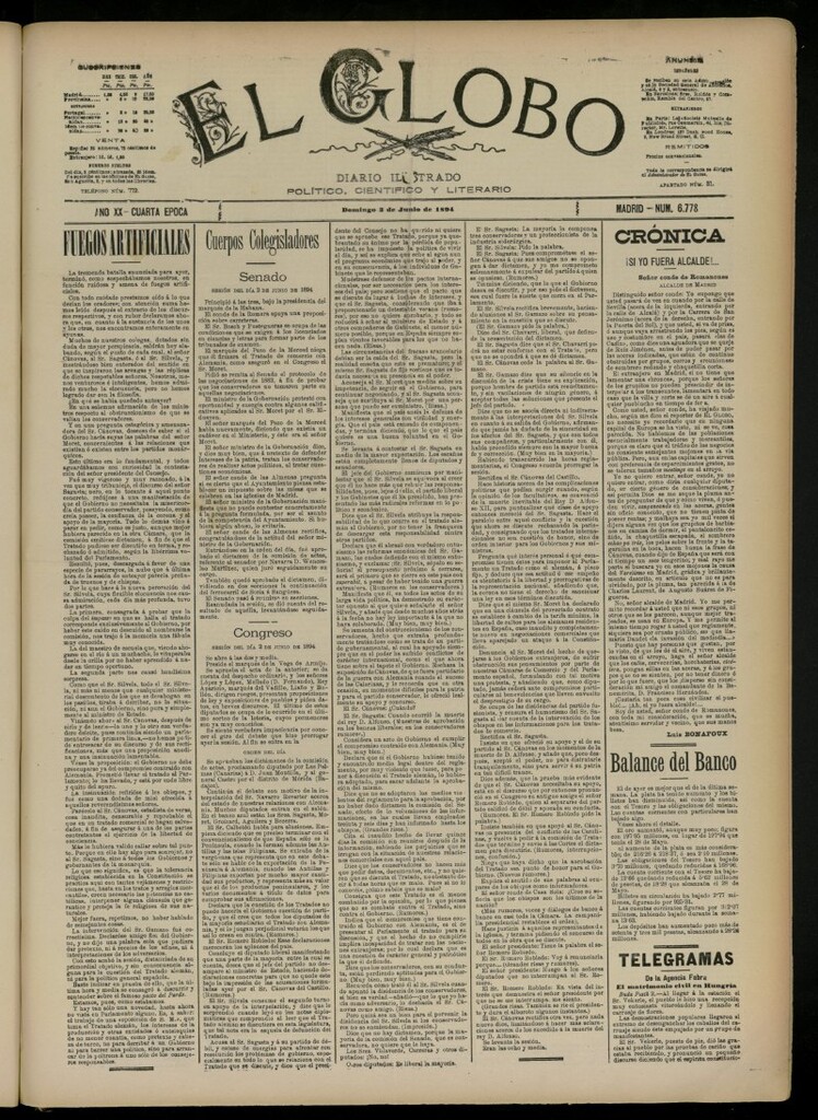 Miniatura de El Globo : diario ilustrado del 3 de junio de 1894, nº 6778