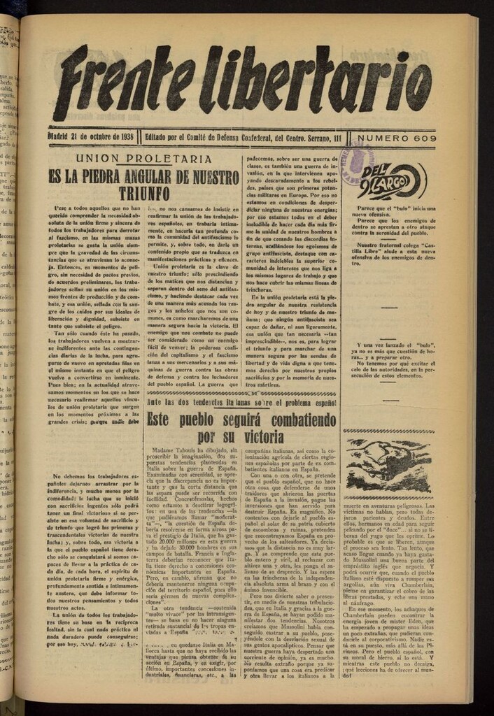 Miniatura de Frente Libertario: Órgano de las Milicias Confederales del 21 de octubre de 1938
