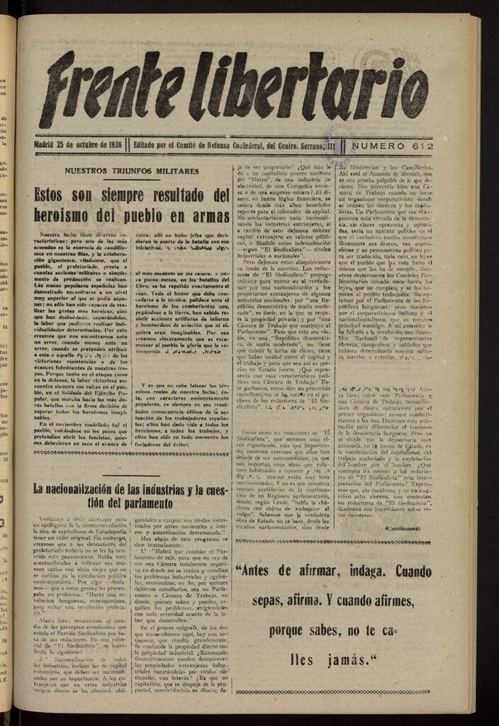 Miniatura de Frente Libertario: Órgano de las Milicias Confederales del 25 de octubre de 1938