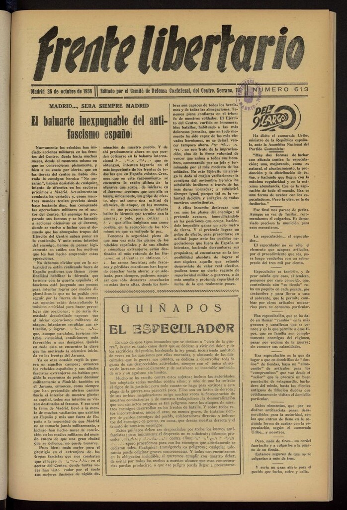 Miniatura de Frente Libertario: Órgano de las Milicias Confederales del 26 de octubre de 1938