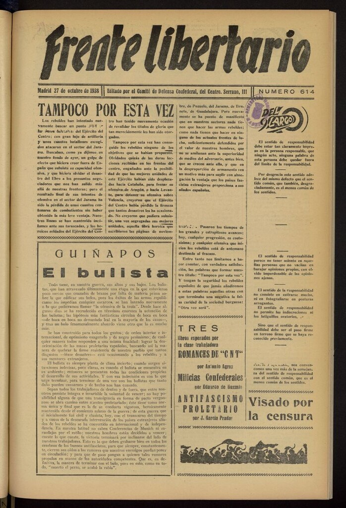 Miniatura de Frente Libertario: Órgano de las Milicias Confederales del 27 de octubre de 1938