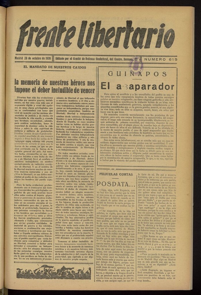 Miniatura de Frente Libertario: Órgano de las Milicias Confederales del 28 de octubre de 1938