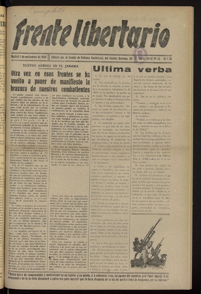 Miniatura de Frente Libertario: Órgano de las Milicias Confederales del 1 de noviembre de 1938
