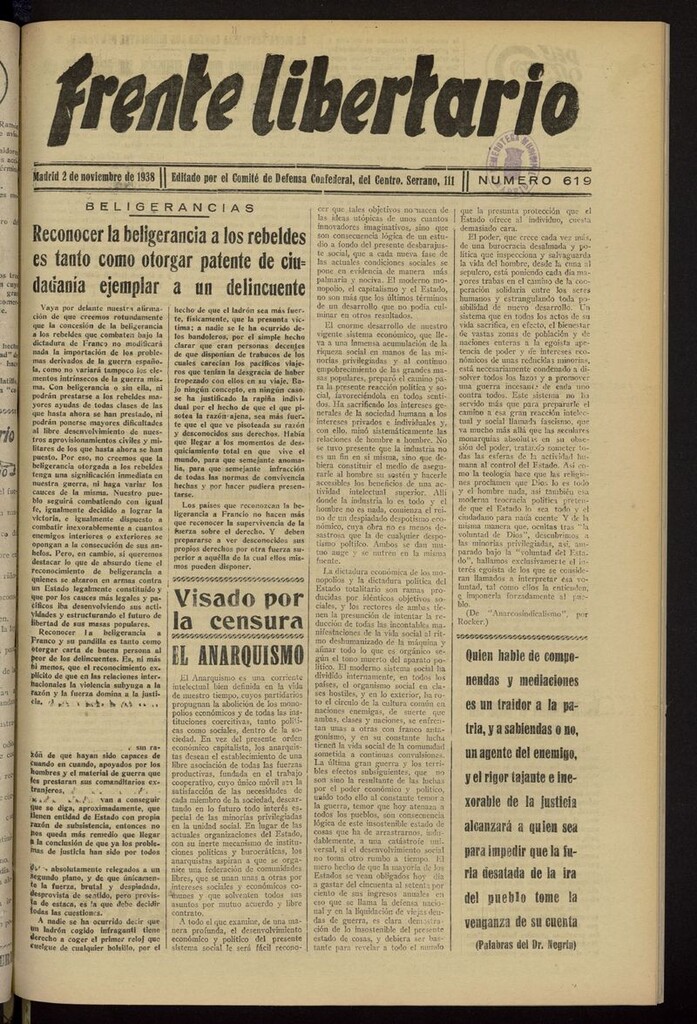 Miniatura de Frente Libertario: Órgano de las Milicias Confederales del 2 de noviembre de 1938