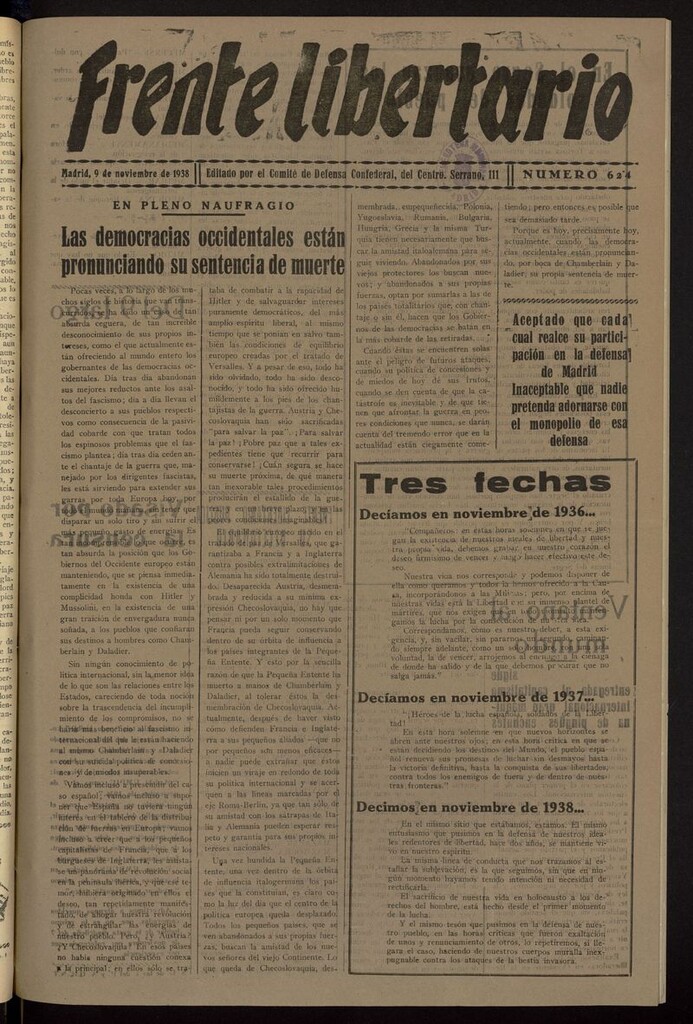 Miniatura de Frente Libertario: Órgano de las Milicias Confederales del 9 de noviembre de 1938