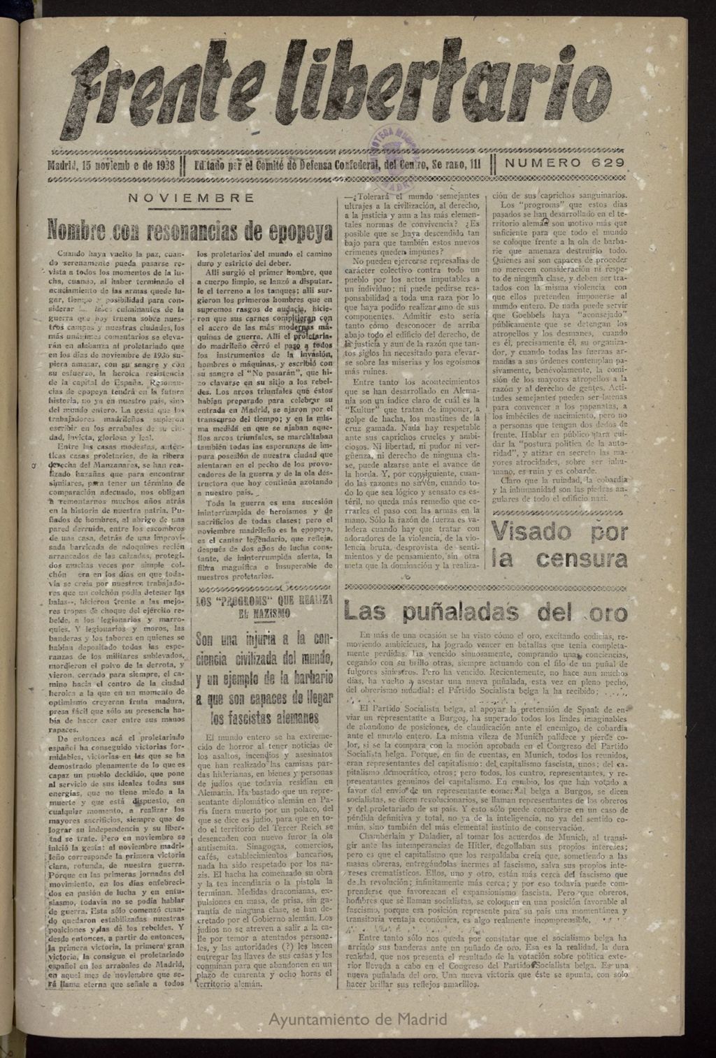 Miniatura de Frente Libertario: Órgano de las Milicias Confederales del 15 de noviembre de 1938