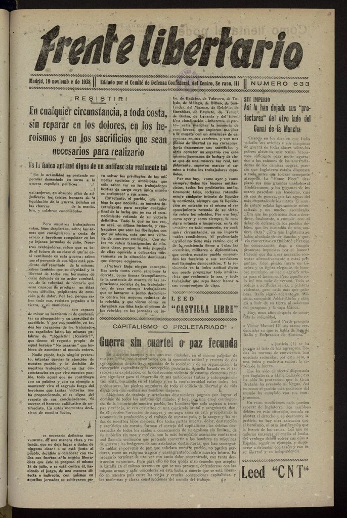 Miniatura de Frente Libertario: Órgano de las Milicias Confederales del 19 de noviembre de 1938