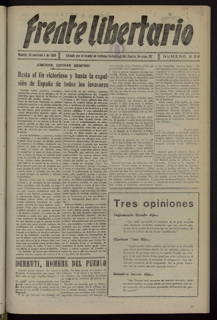 Miniatura de Frente Libertario: Órgano de las Milicias Confederales del 23 de noviembre de 1938