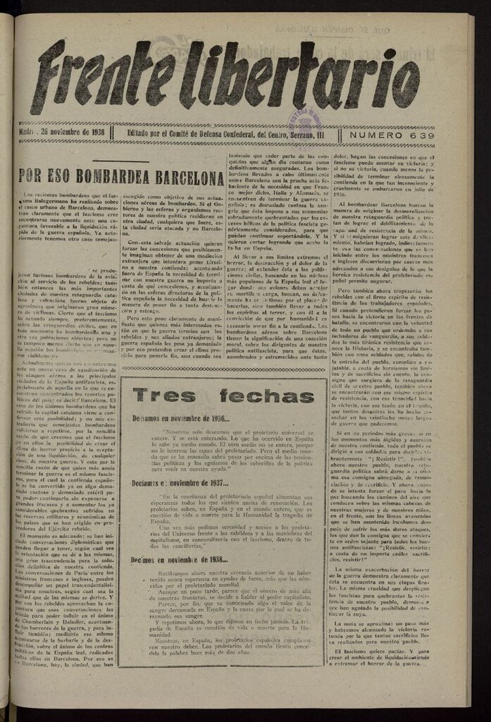 Miniatura de Frente Libertario: Órgano de las Milicias Confederales del 26 de noviembre de 1938