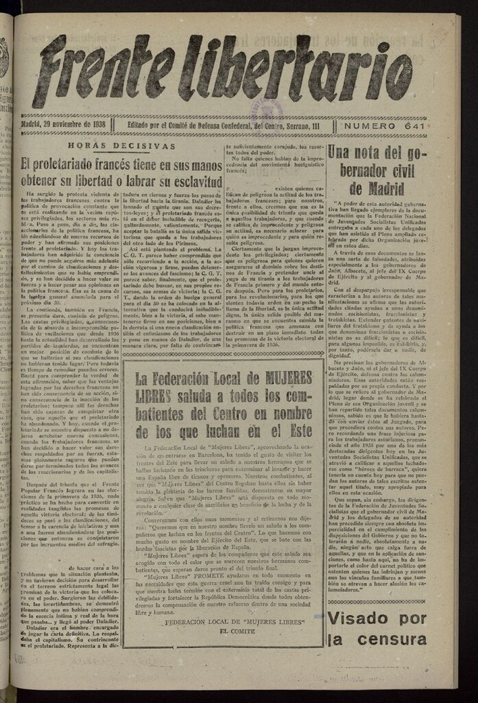 Miniatura de Frente Libertario: Órgano de las Milicias Confederales del 29 de noviembre de 1938