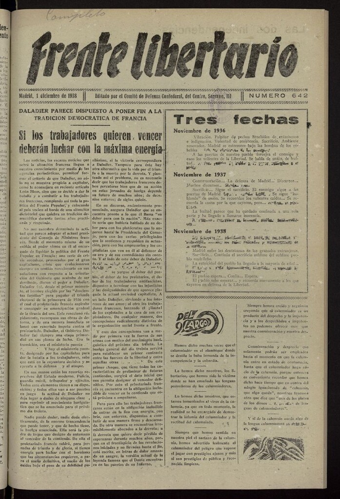 Miniatura de Frente Libertario: Órgano de las Milicias Confederales del 1 de diciembre de 1938