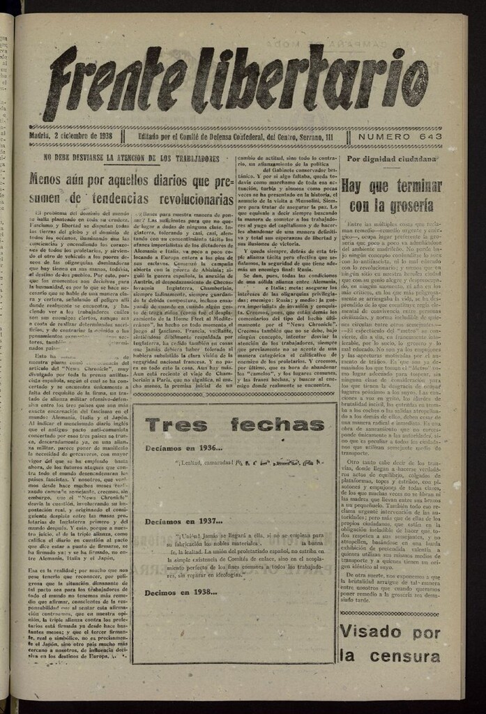 Miniatura de Frente Libertario: Órgano de las Milicias Confederales del 2 de diciembre de 1938