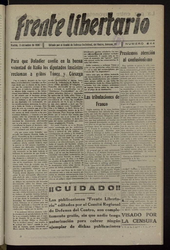 Miniatura de Frente Libertario: Órgano de las Milicias Confederales del 3 de diciembre de 1938