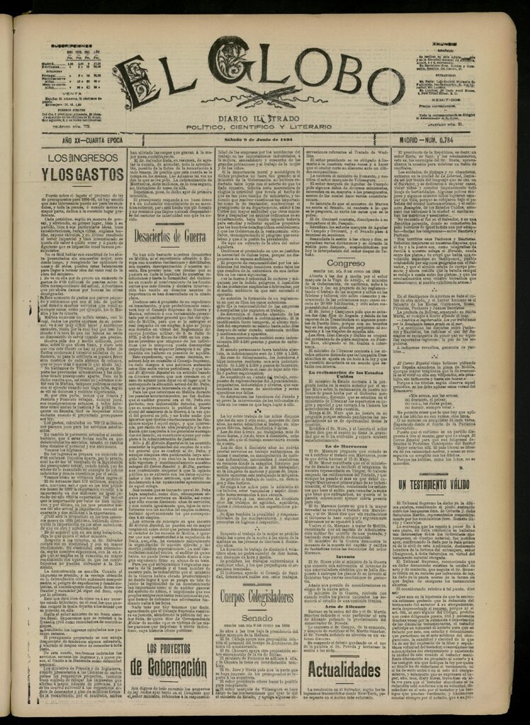 Miniatura de El Globo : diario ilustrado del 9 de junio de 1894, nº 6784
