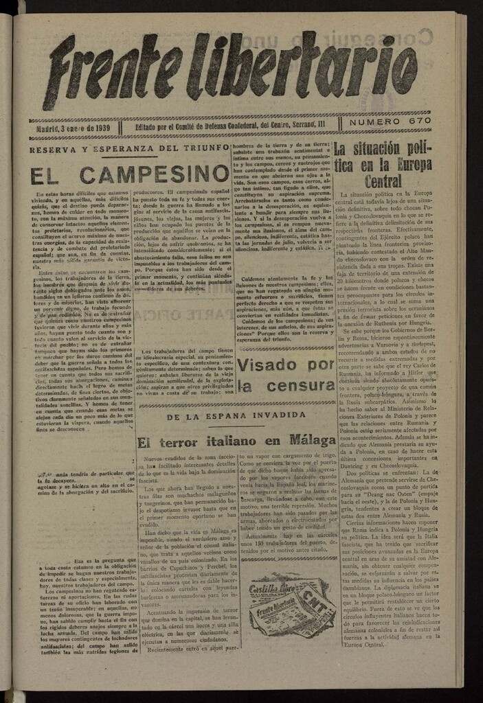 Miniatura de Frente Libertario: Órgano de las Milicias Confederales del 3 de enero de 1939