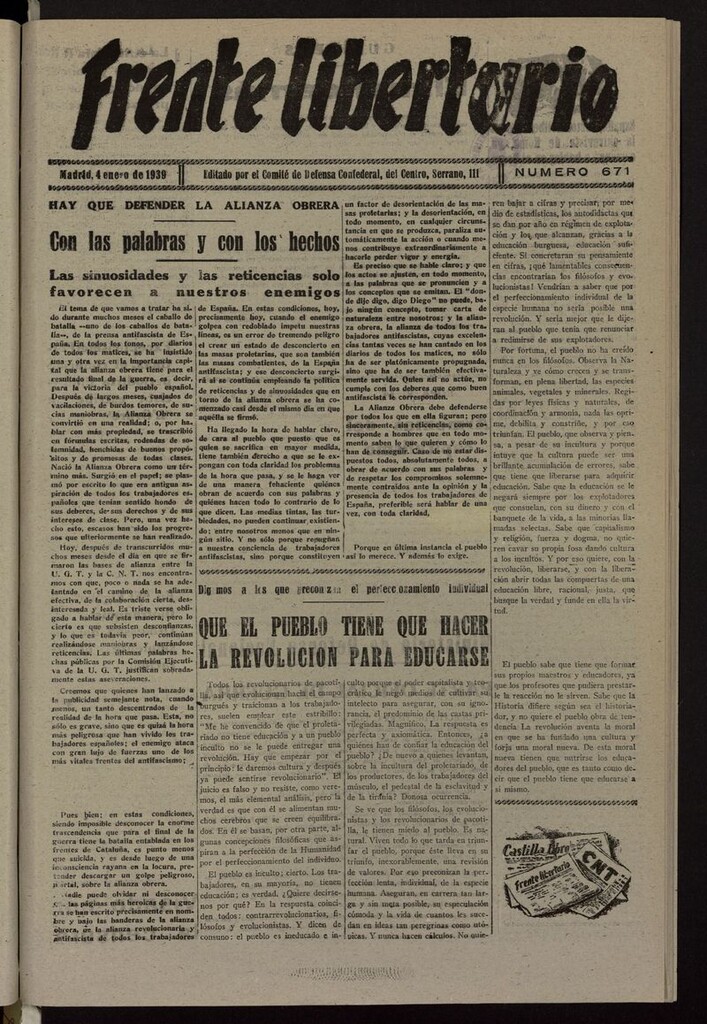 Miniatura de Frente Libertario: Órgano de las Milicias Confederales del 4 de enero de 1939