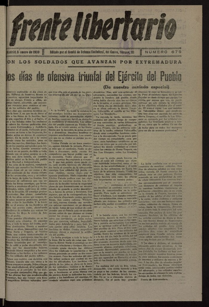 Miniatura de Frente Libertario: Órgano de las Milicias Confederales del 8 de enero de 1939