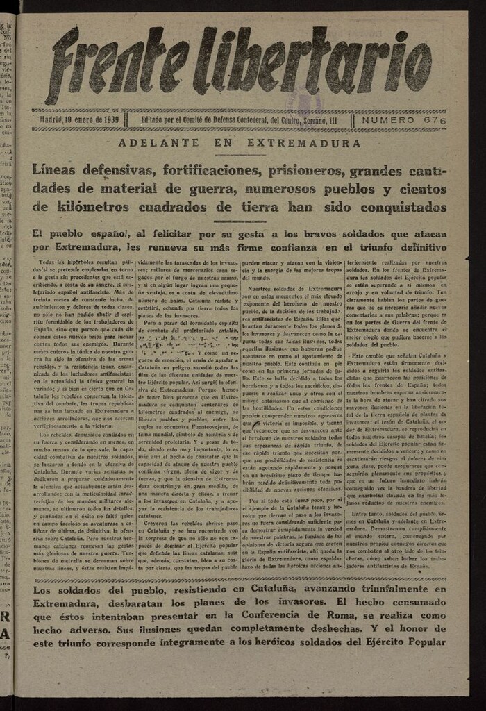 Miniatura de Frente Libertario: Órgano de las Milicias Confederales del 10 de enero de 1939