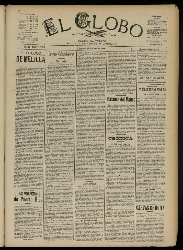 Miniatura de El Globo : diario ilustrado del 10 de junio de 1894, nº 6785