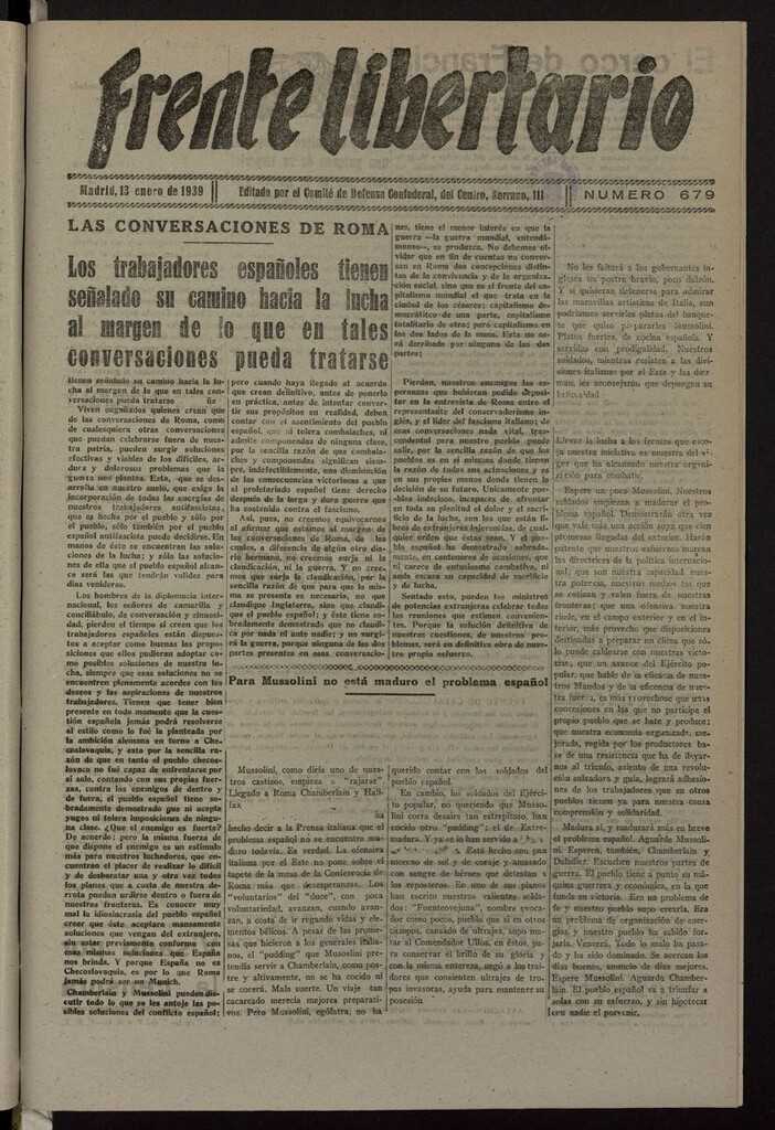Miniatura de Frente Libertario: Órgano de las Milicias Confederales del 13 de enero de 1939