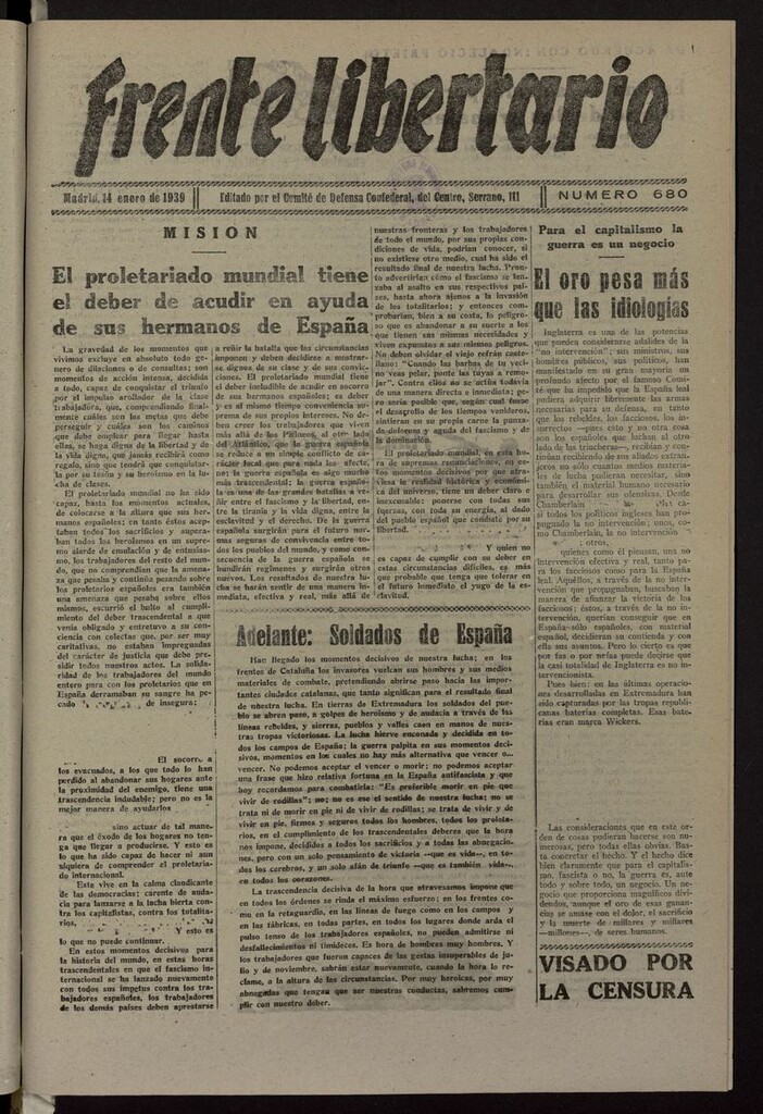 Miniatura de Frente Libertario: Órgano de las Milicias Confederales del 14 de enero de 1939