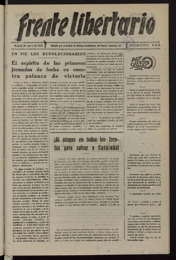 Miniatura de Frente Libertario: Órgano de las Milicias Confederales del 18 de enero de 1939