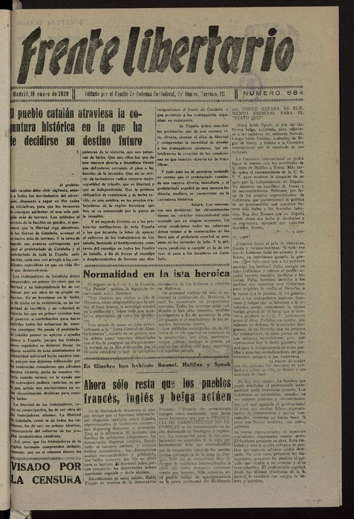 Miniatura de Frente Libertario: Órgano de las Milicias Confederales del 19 de enero de 1939