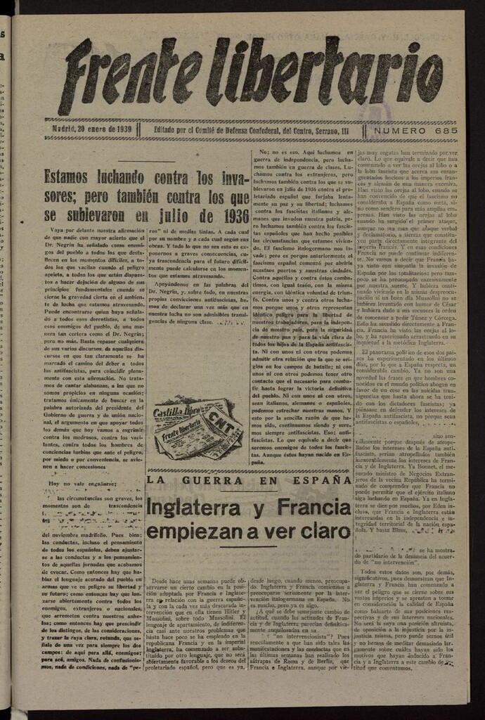 Miniatura de Frente Libertario: Órgano de las Milicias Confederales del 20 de enero de 1939
