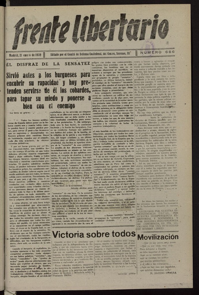 Miniatura de Frente Libertario: Órgano de las Milicias Confederales del 21 de enero de 1939