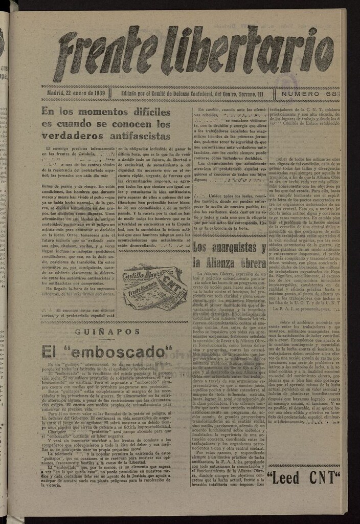 Miniatura de Frente Libertario: Órgano de las Milicias Confederales del 22 de enero de 1939