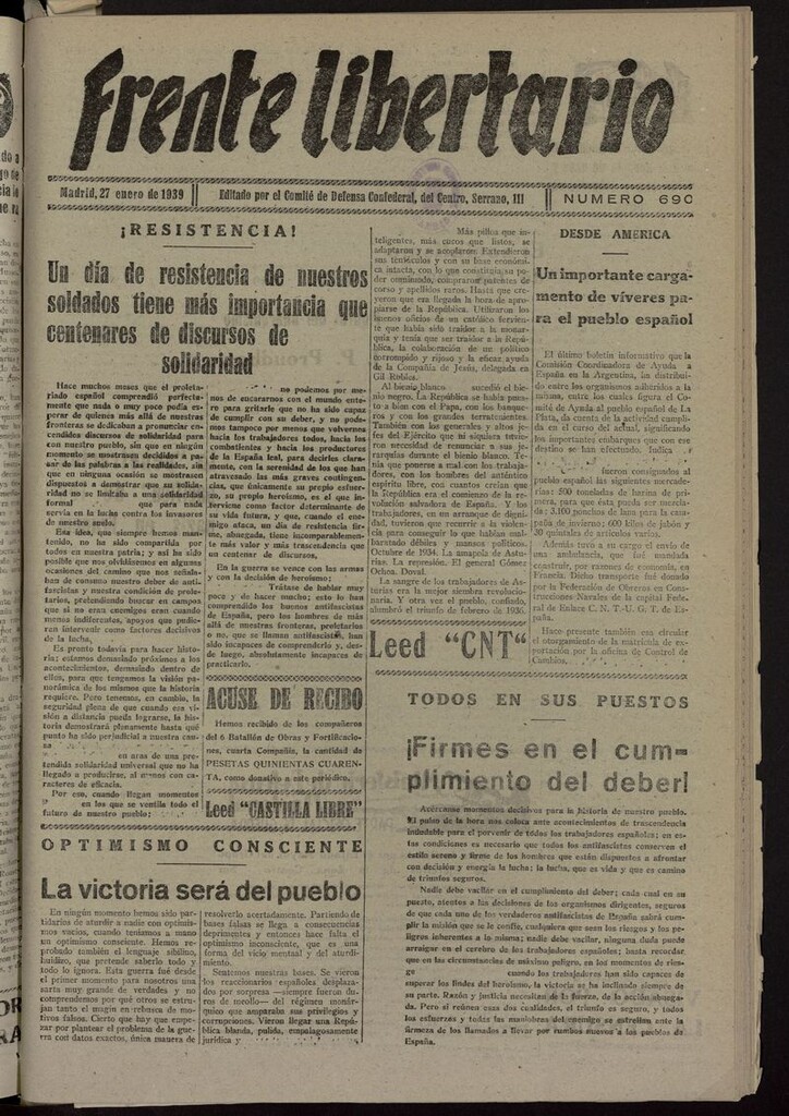 Miniatura de Frente Libertario: Órgano de las Milicias Confederales del 27 de enero de 1939
