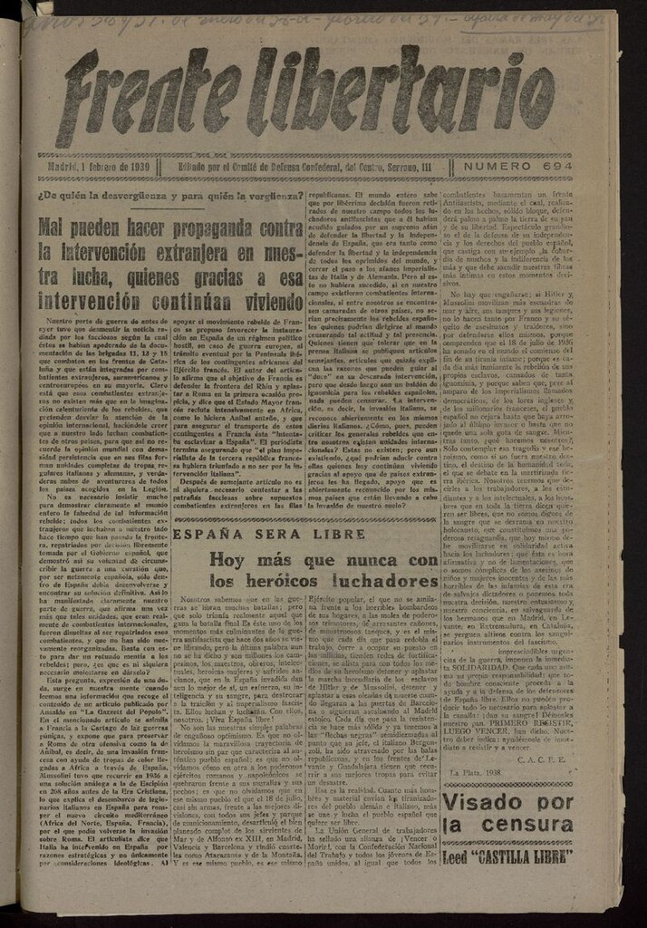 Miniatura de Frente Libertario: Órgano de las Milicias Confederales del 1 de febrero de 1939