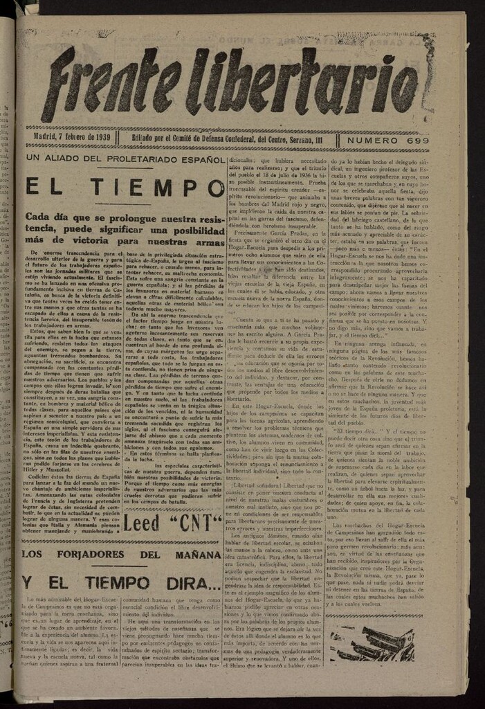 Miniatura de Frente Libertario: Órgano de las Milicias Confederales del 7 de febrero de 1939