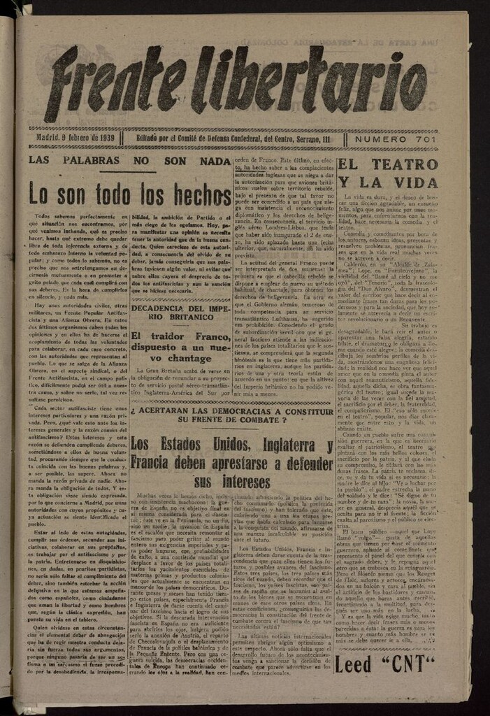 Miniatura de Frente Libertario: Órgano de las Milicias Confederales del 9 de febrero de 1939