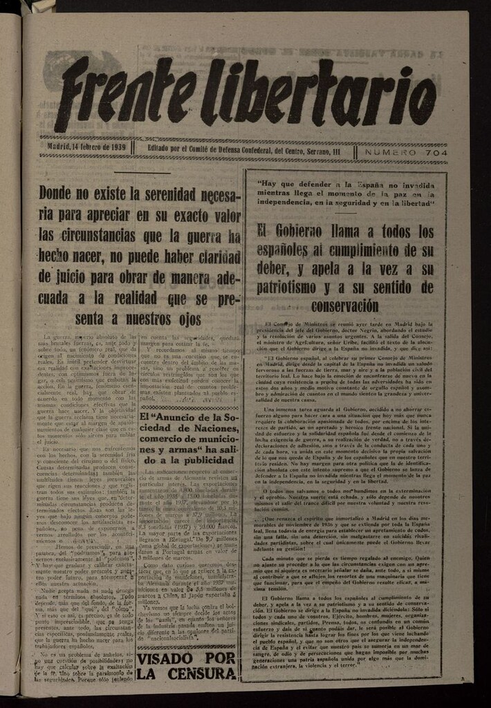 Miniatura de Frente Libertario: Órgano de las Milicias Confederales del 14 de febrero de 1939