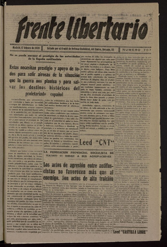 Miniatura de Frente Libertario: Órgano de las Milicias Confederales del 17 de febrero de 1939