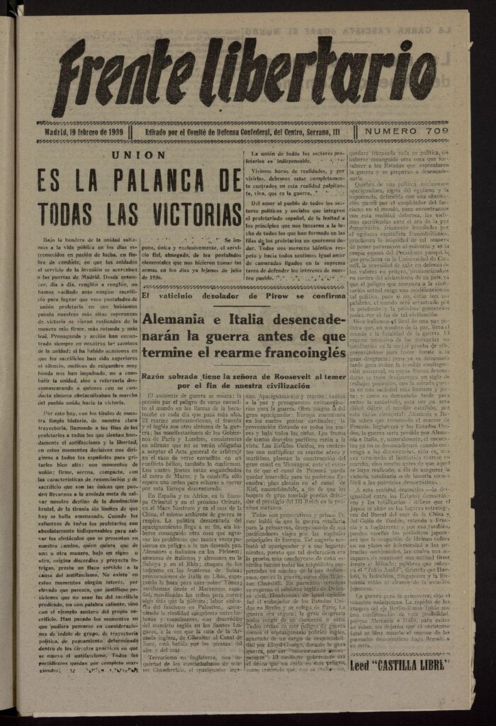 Miniatura de Frente Libertario: Órgano de las Milicias Confederales del 19 de febrero de 1939