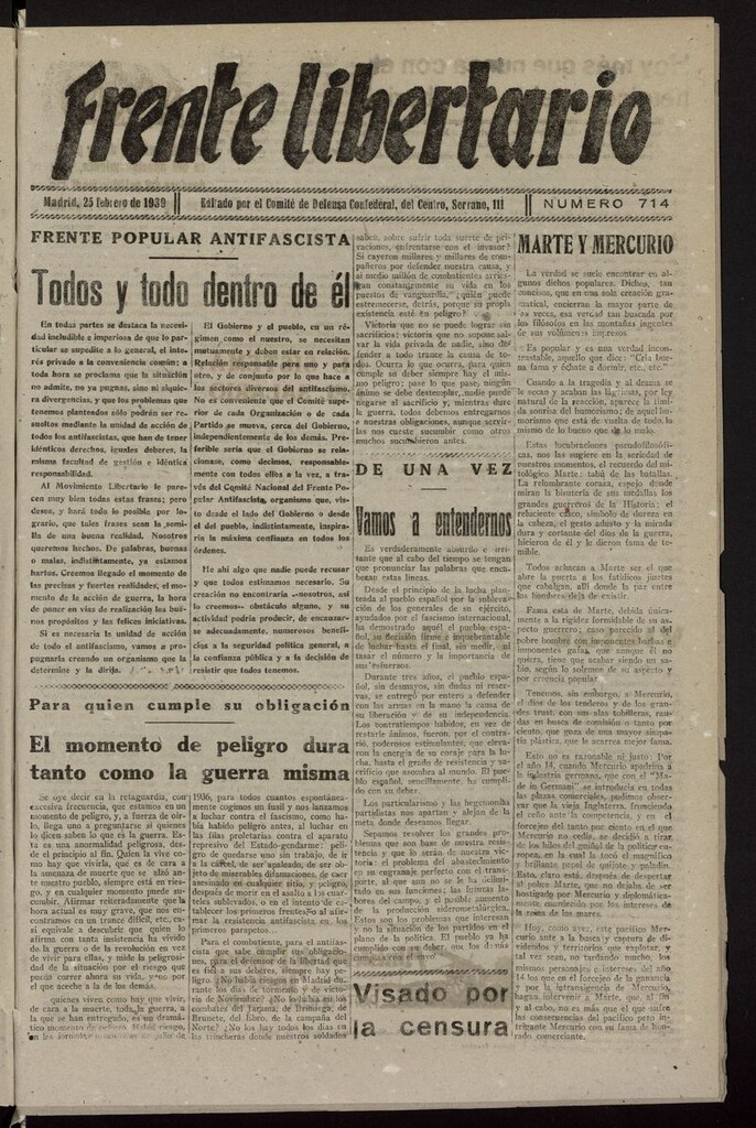 Miniatura de Frente Libertario: Órgano de las Milicias Confederales del 25 de febrero de 1939