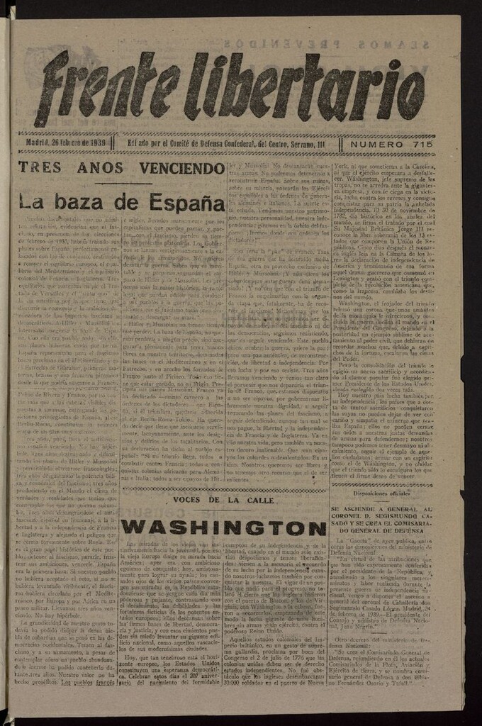 Miniatura de Frente Libertario: Órgano de las Milicias Confederales del 26 de febrero de 1939