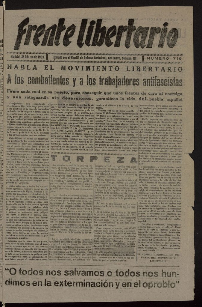 Miniatura de Frente Libertario: Órgano de las Milicias Confederales del 28 de febrero de 1939