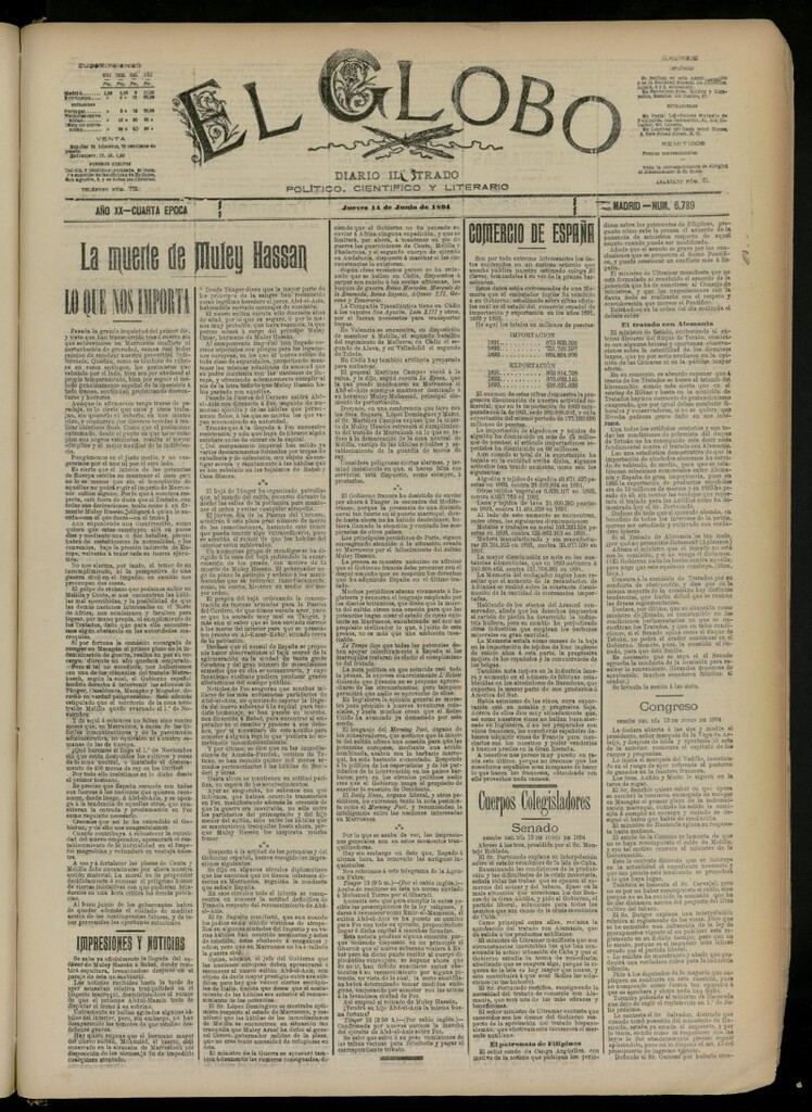 Miniatura de El Globo : diario ilustrado del 14 de junio de 1894, nº 6789