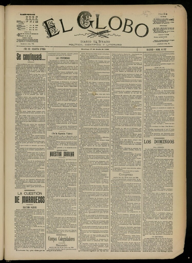 Miniatura de El Globo : diario ilustrado del 17 de junio de 1894, nº 6792