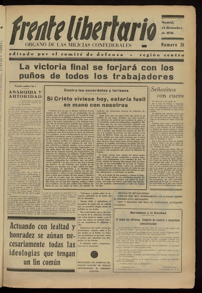 Miniatura de Frente Libertario: Órgano de las Milicias Confederales del 24 de diciembre de 1936