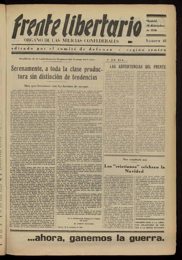 Miniatura de Frente Libertario: Órgano de las Milicias Confederales del 26 de diciembre de 1936