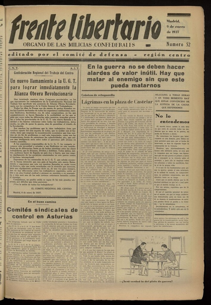 Miniatura de Frente Libertario: Órgano de las Milicias Confederales del 9 de enero de 1937