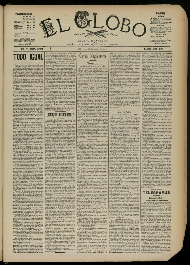 Miniatura de El Globo : diario ilustrado del 20 de junio de 1894, nº 6795