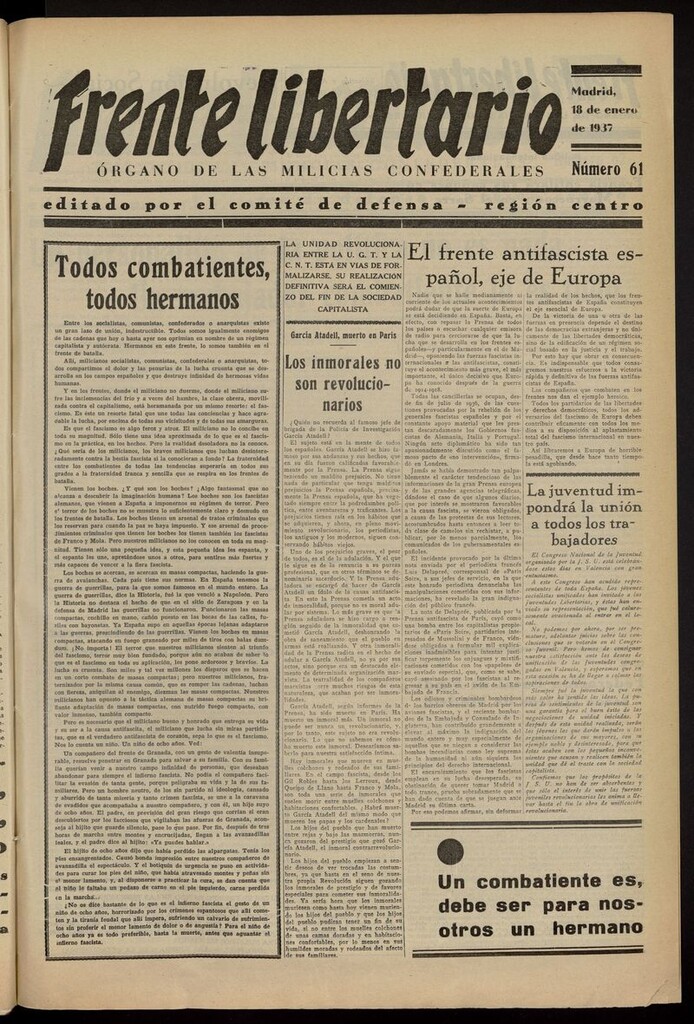 Miniatura de Frente Libertario: Órgano de las Milicias Confederales del 18 de enero de 1937