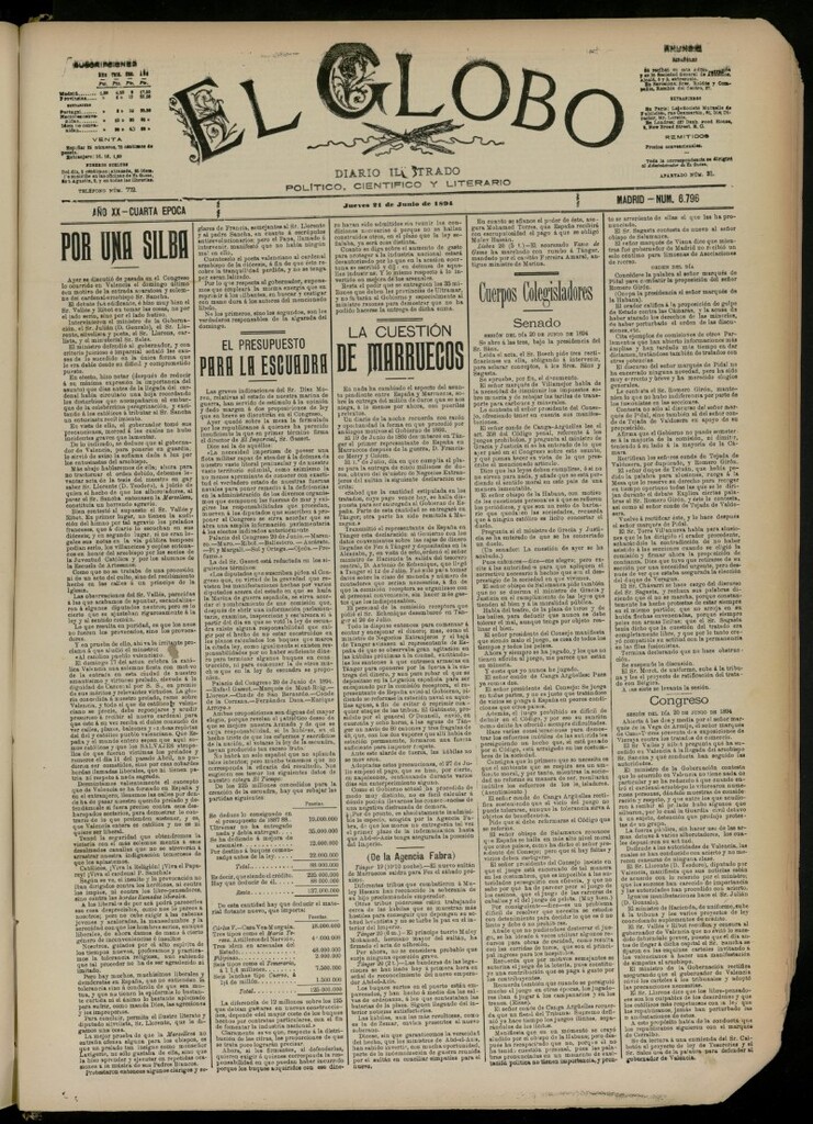 Miniatura de El Globo : diario ilustrado del 21 de junio de 1894, nº 6796